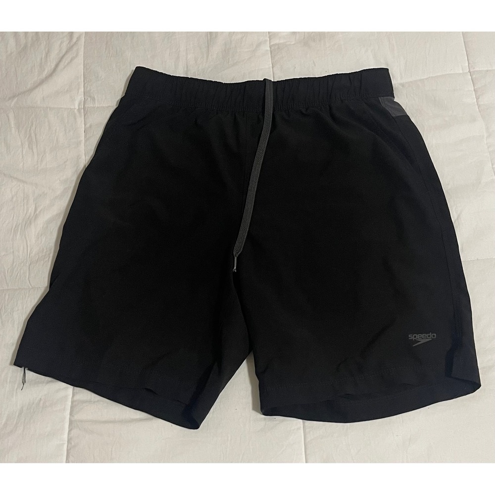 Speedo Mens Black Charcoal Grey Swim Trunks Board Shorts Elastic Waist Medium